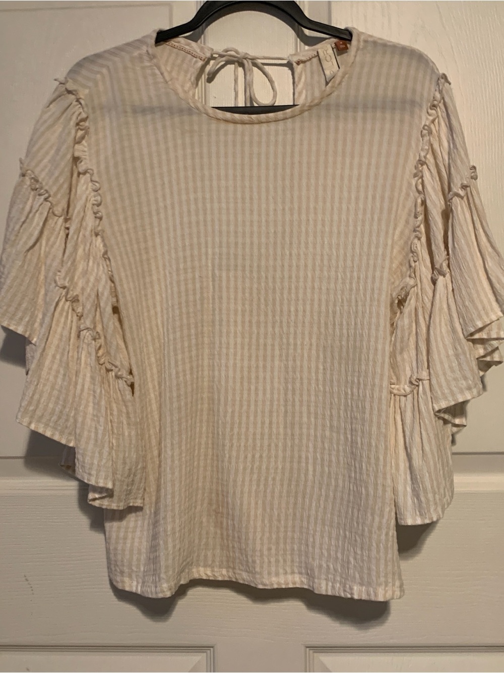 Pilcro Cream Striped Ruffle Sleeve Blouse with Tie Neck